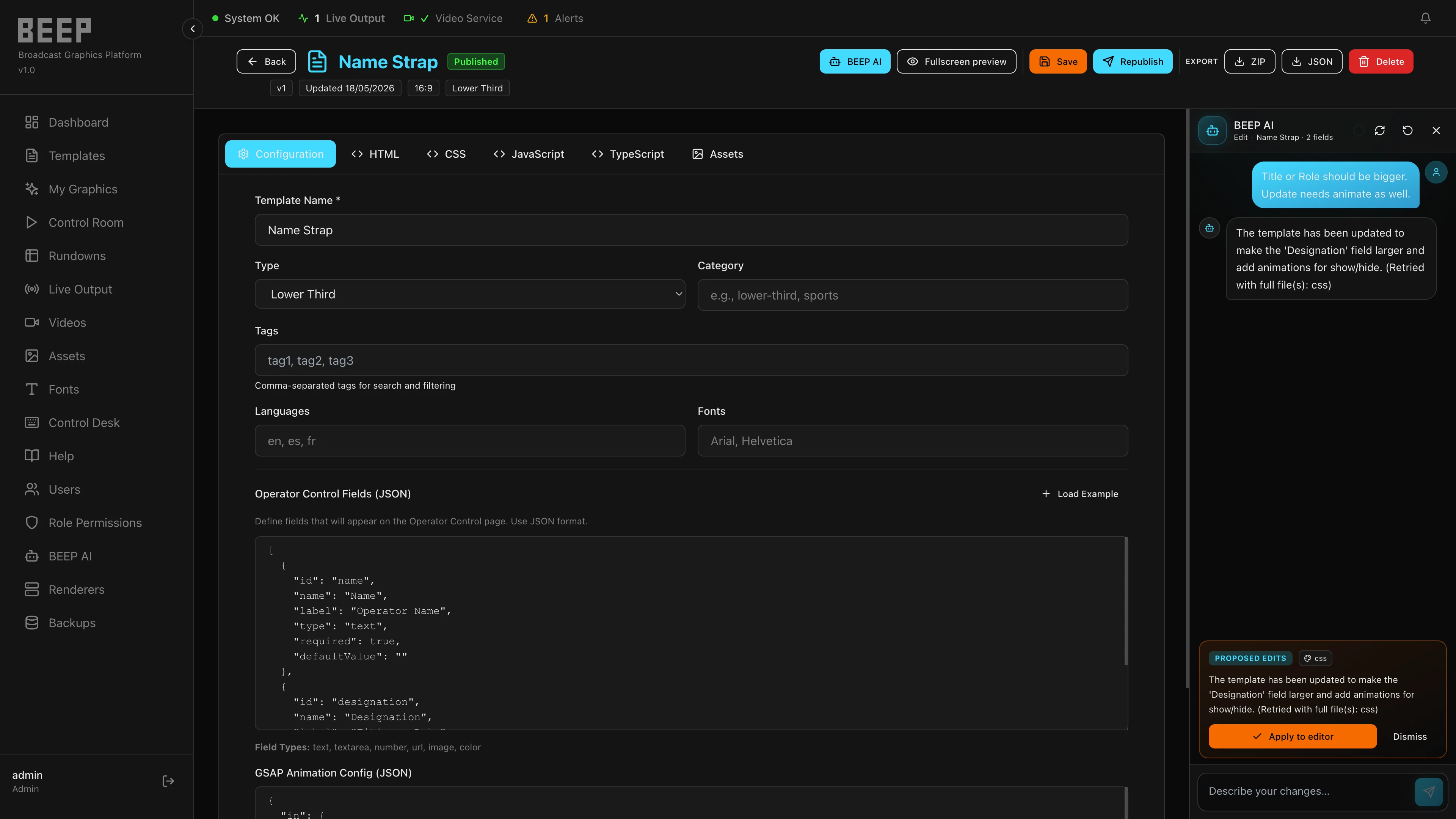 BEEP AI assistant in the Template Editor